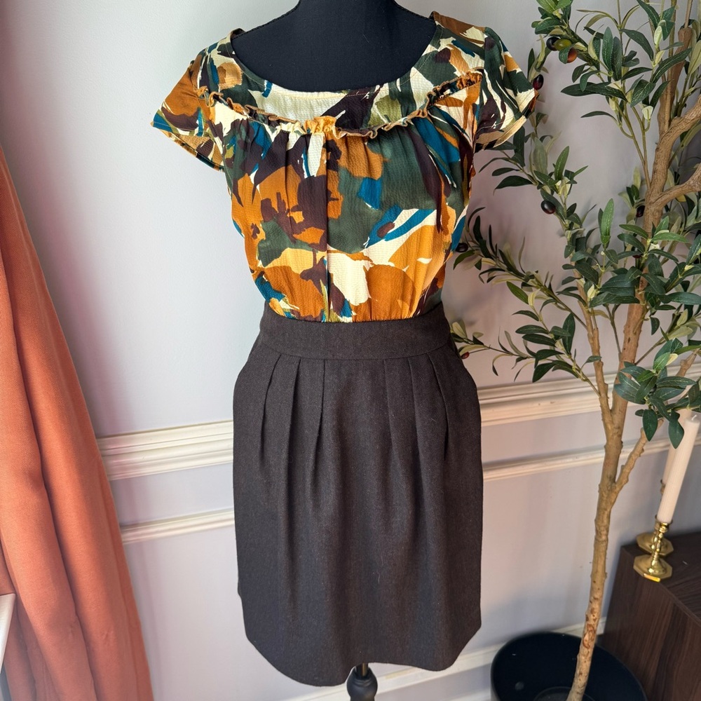 Anthropologie Tabitha Silk Floral Wool Blend Pleated Dress Size 2